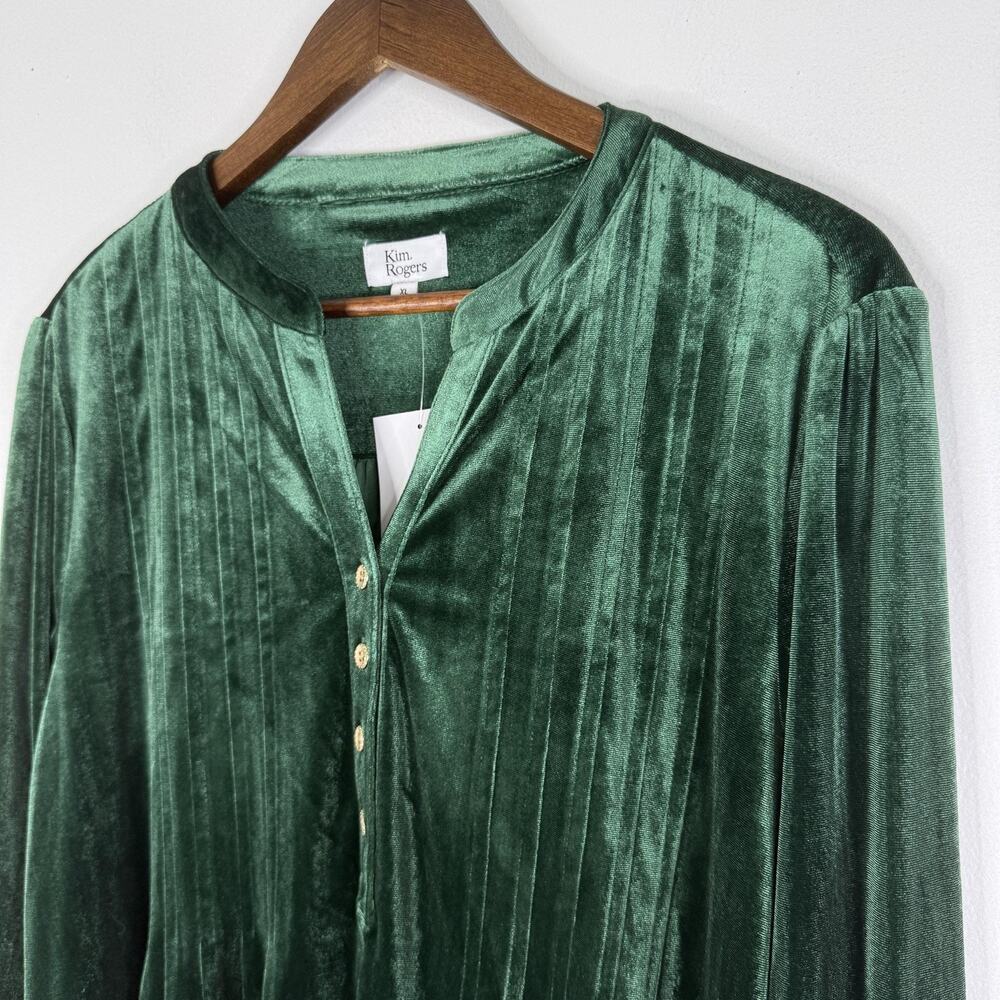 Green Velvet Top Tunic XL Henley Long Sleeve Womens Holiday Blouse Kim Rogers